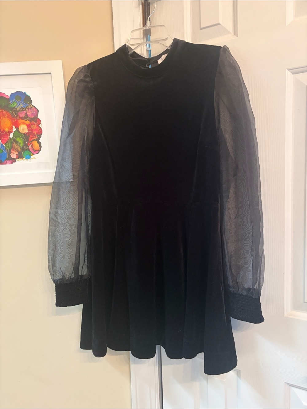 Black Velvet Dress with Sheer Puff Sleeves